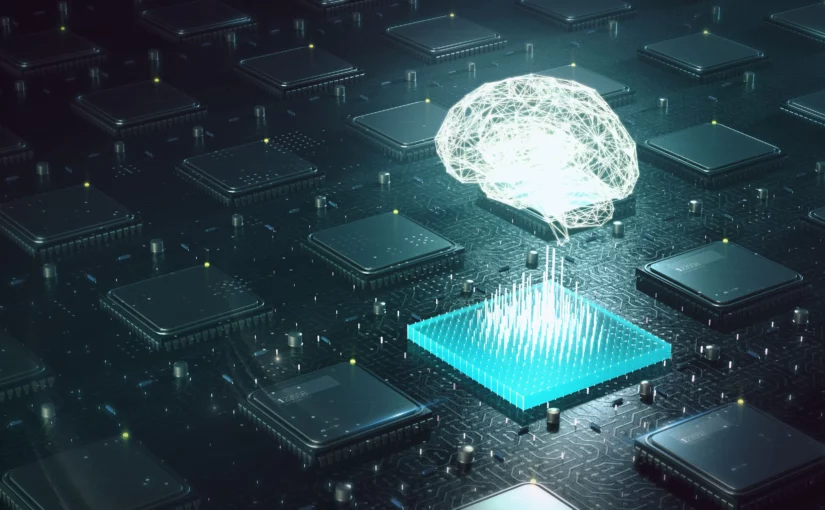 An image of a holographic brain floating on top of a microchip
